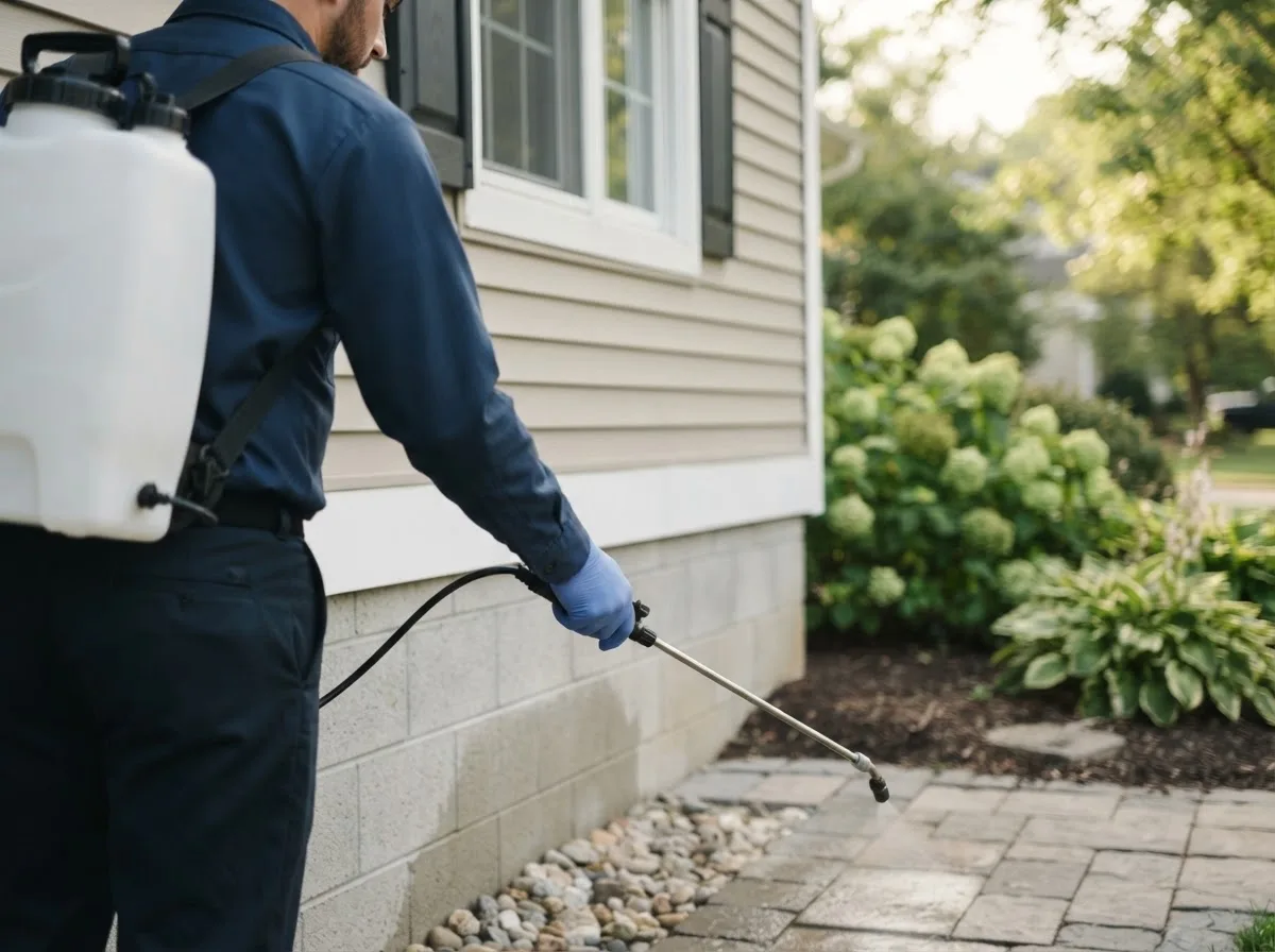 Pest control technician inspecting a home in Fishers Island, NY